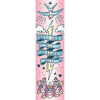 Close-up of a bookmark with classic flash tattoo artwork and empowering text