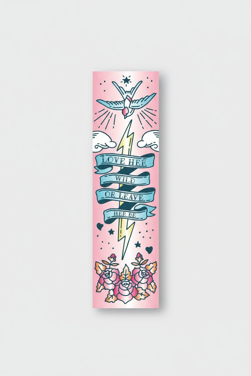 Close-up of a bookmark with classic flash tattoo artwork and empowering text