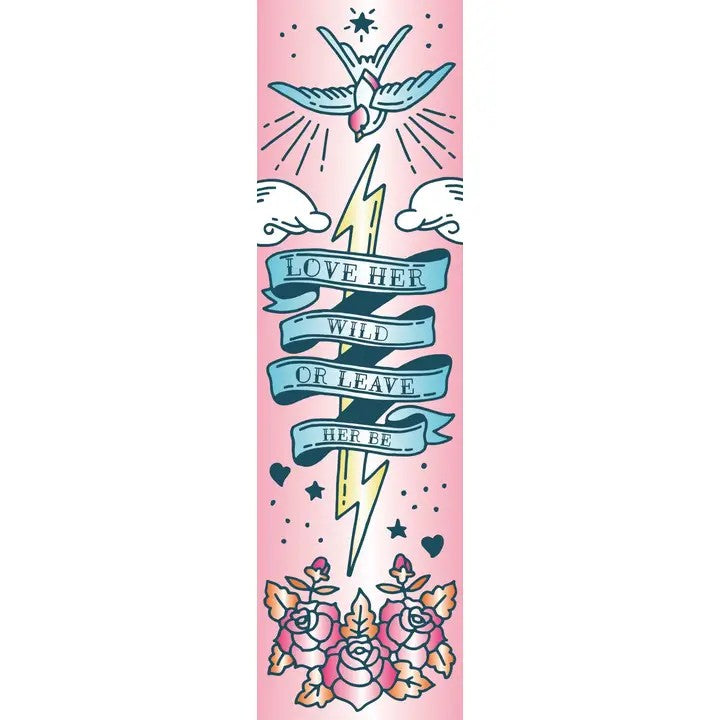 Close-up of a bookmark with classic flash tattoo artwork and empowering text