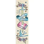 Close-up view of tattoo inspired bookmark with swords and swallows