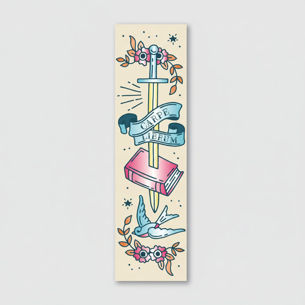 Close-up view of tattoo inspired bookmark with swords and swallows