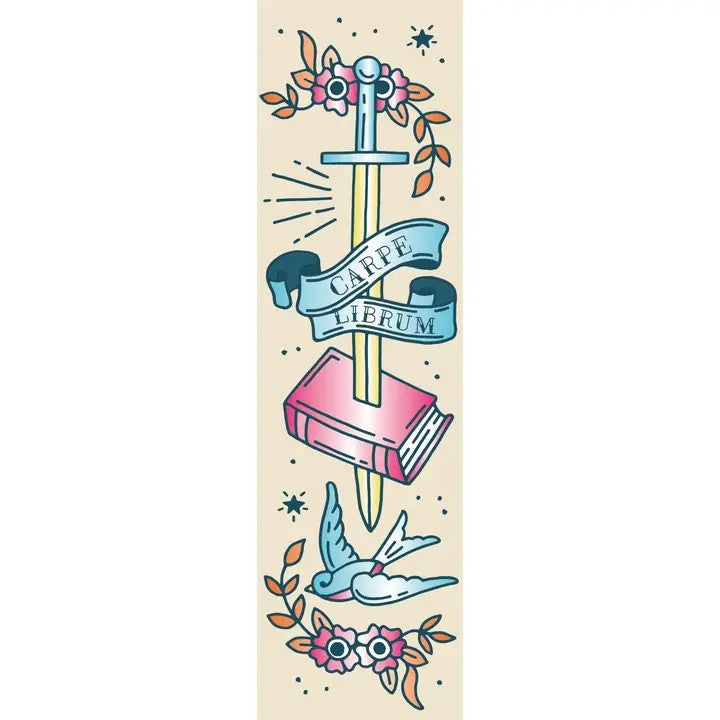 Close-up view of tattoo inspired bookmark with swords and swallows