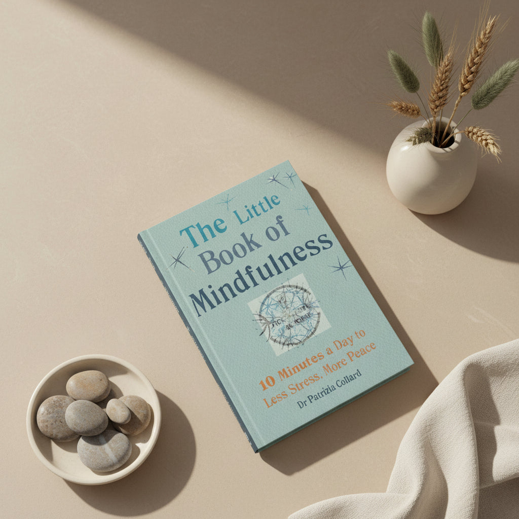 Book titled 'The Little Book of Mindfulness' on a wooden surface with a plant in the background