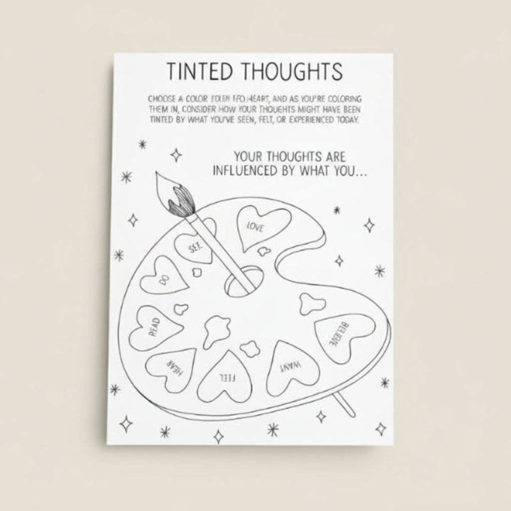 Coloring page with a palette and hearts labeled with words like 'love', 'read', 'hear', 'feel', 'want', 'trust'.