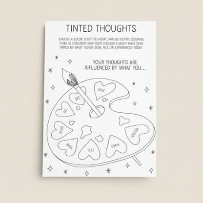 Coloring page with a palette and hearts labeled with words like 'love', 'read', 'hear', 'feel', 'want', 'trust'.