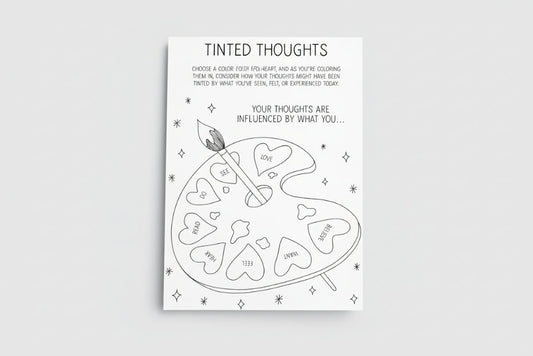 Coloring page with a palette and hearts labeled with words like 'love', 'read', 'hear', 'feel', 'want', 'trust'.