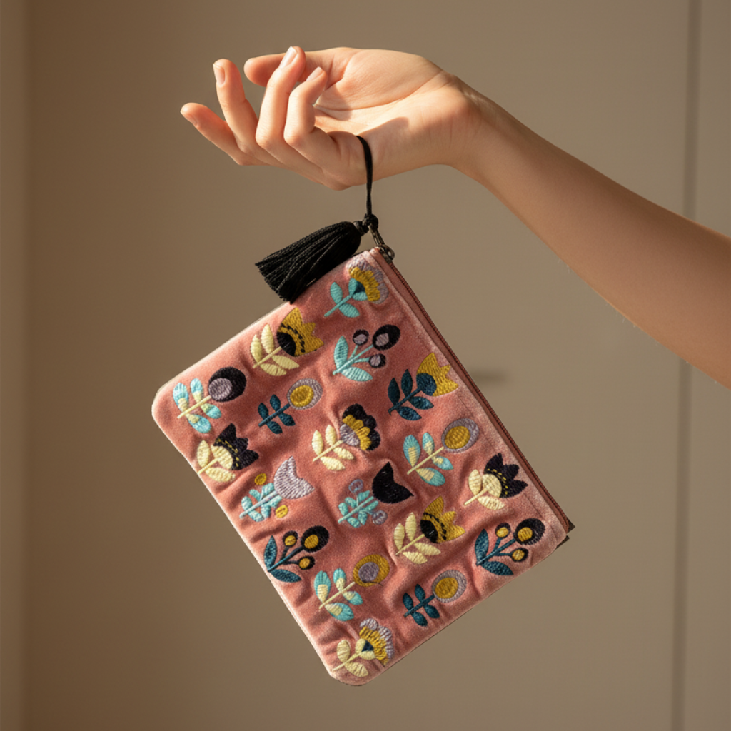 The small Handmade Floral Pouch with Tulips on Pink Embroidered Coin Purse carried by the tassel in hand with a beige background