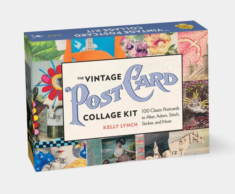 Box of 'The Vintage Postcard Collage Kit' by Kelly Lynch with colorful collage design on a white background.