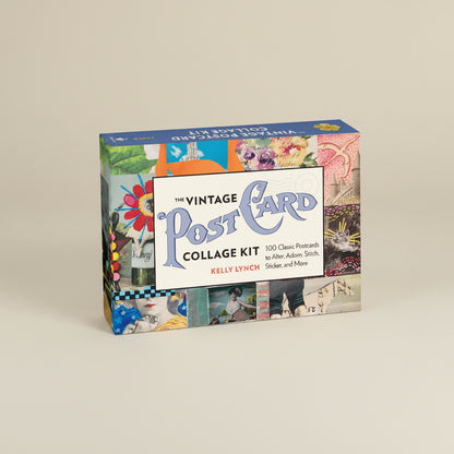 Box of 'The Vintage Postcard Collage Kit' by Kelly Lynch with colorful collage design on a white background.