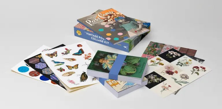 Collection of vintage-style sticker books on a gray background