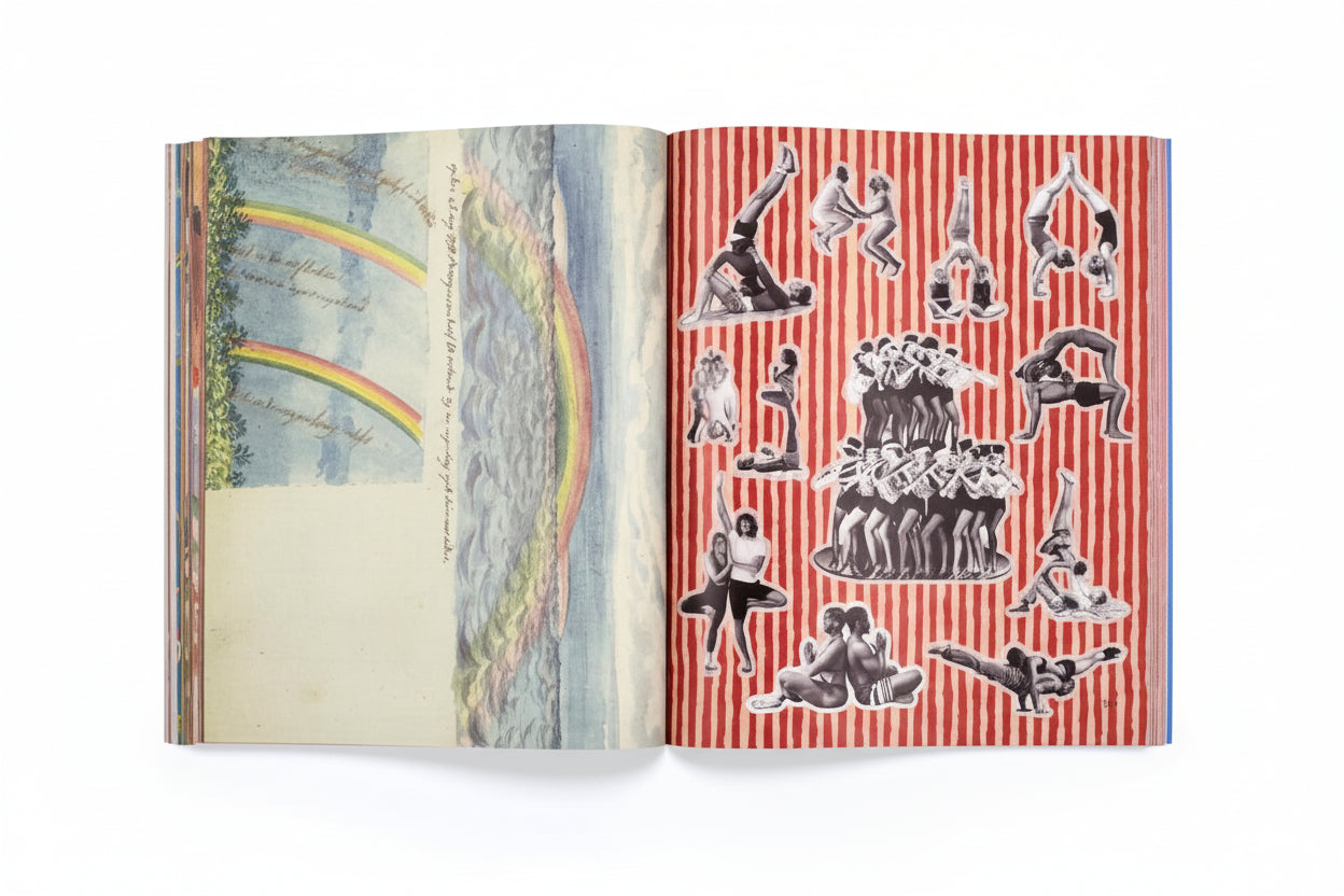 Open book with colorful illustrations on a white background