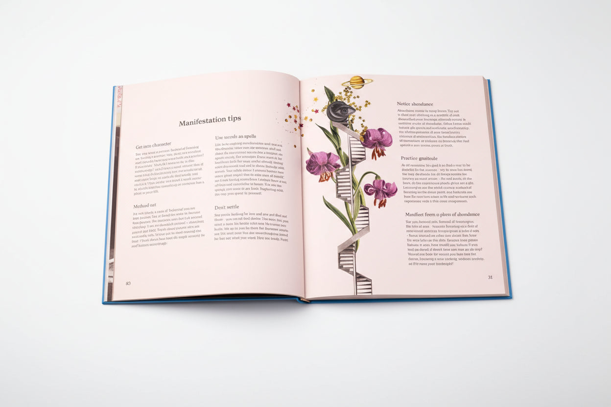 Open book with floral design and text on a white background