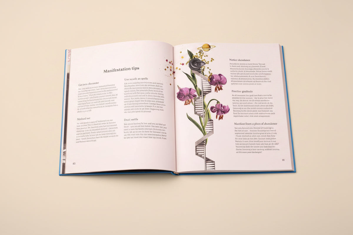 The Vision Board book open to a page on Manifestation tips
