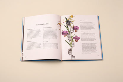 The Vision Board book open to a page on Manifestation tips