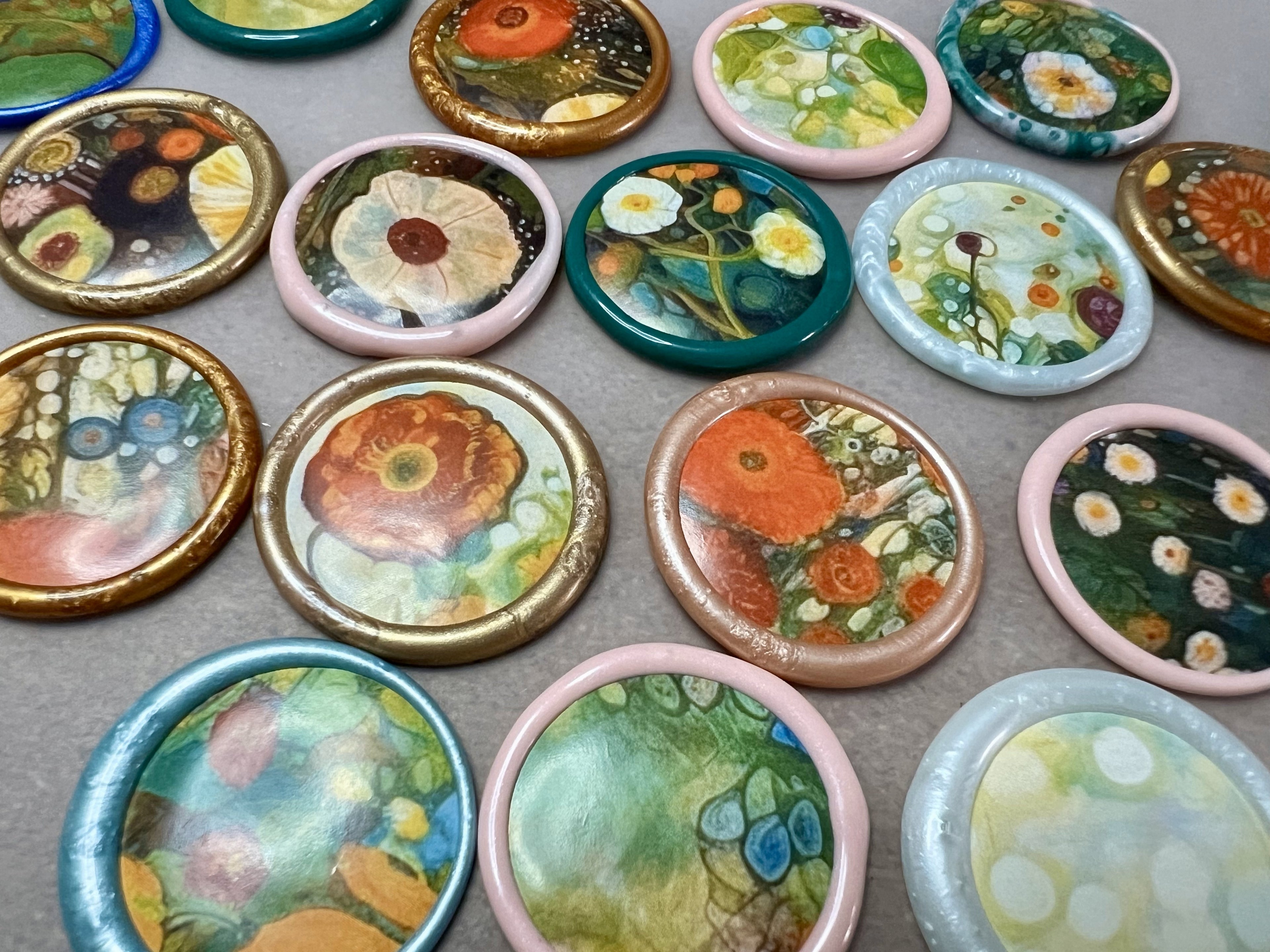 Close up view of the Watercolor wax seal stickers with delicate wildflower designs in soft watercolor tones