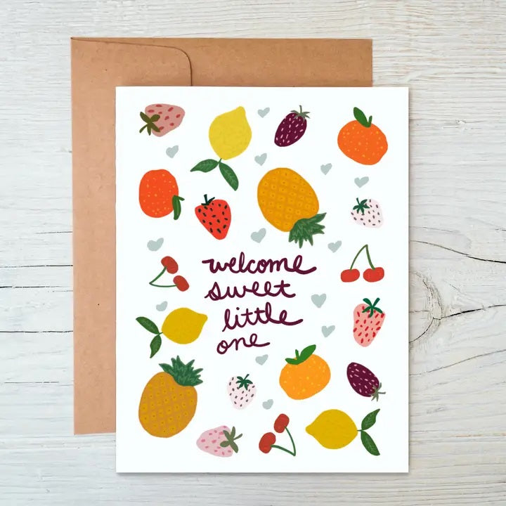 Close up of this charming newborn greeting card with delicate berries and soft, soothing colors