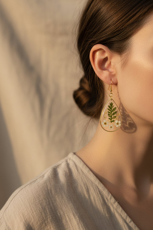 Teardrop-shaped earrings with green leaf and white flower designs on a person against a beige background