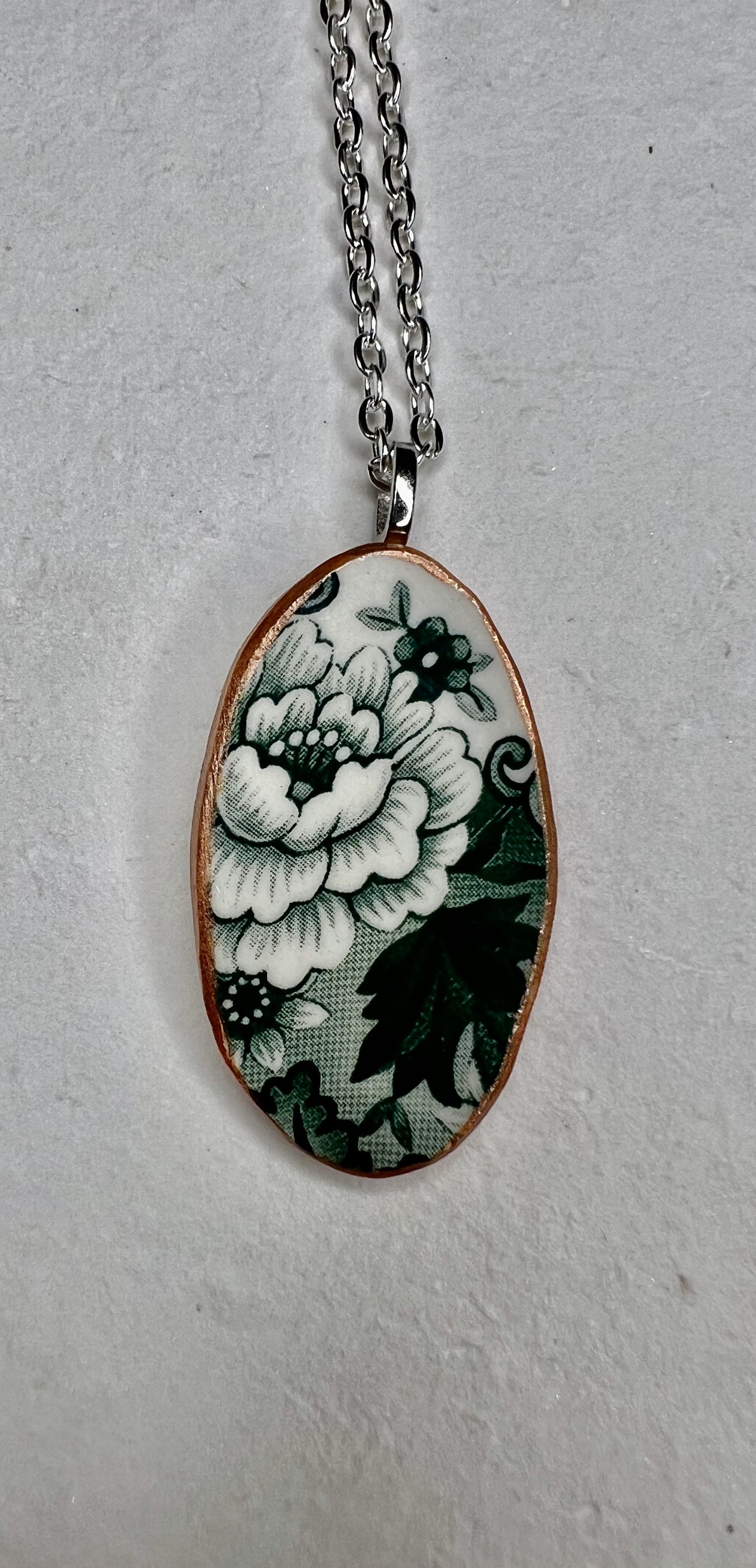 Recycled China Necklace – Oval Vintage Plate Pendant with Holiday Charm