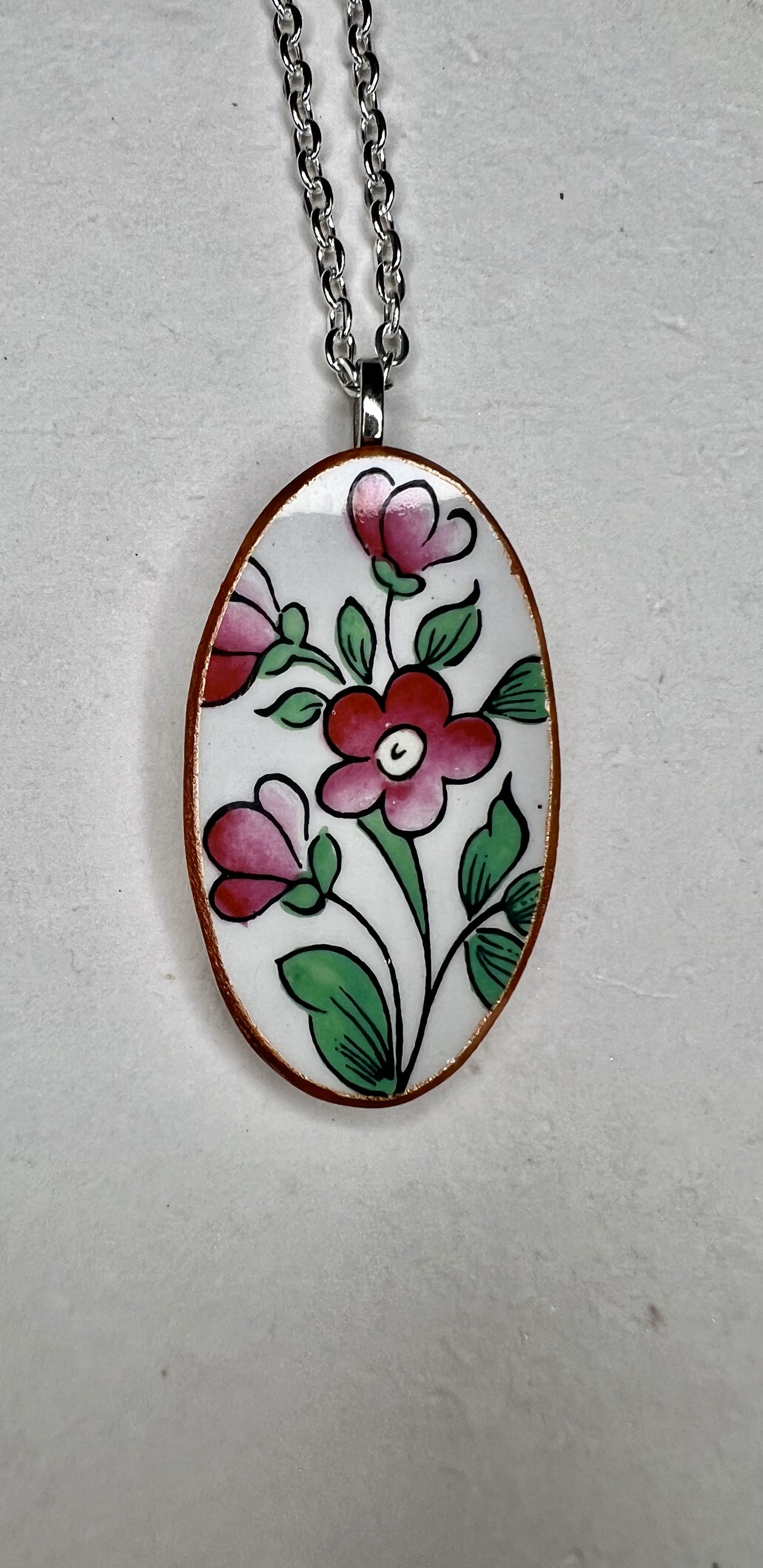 Recycled China Necklace – Oval Vintage Plate Pendant with Holiday Charm