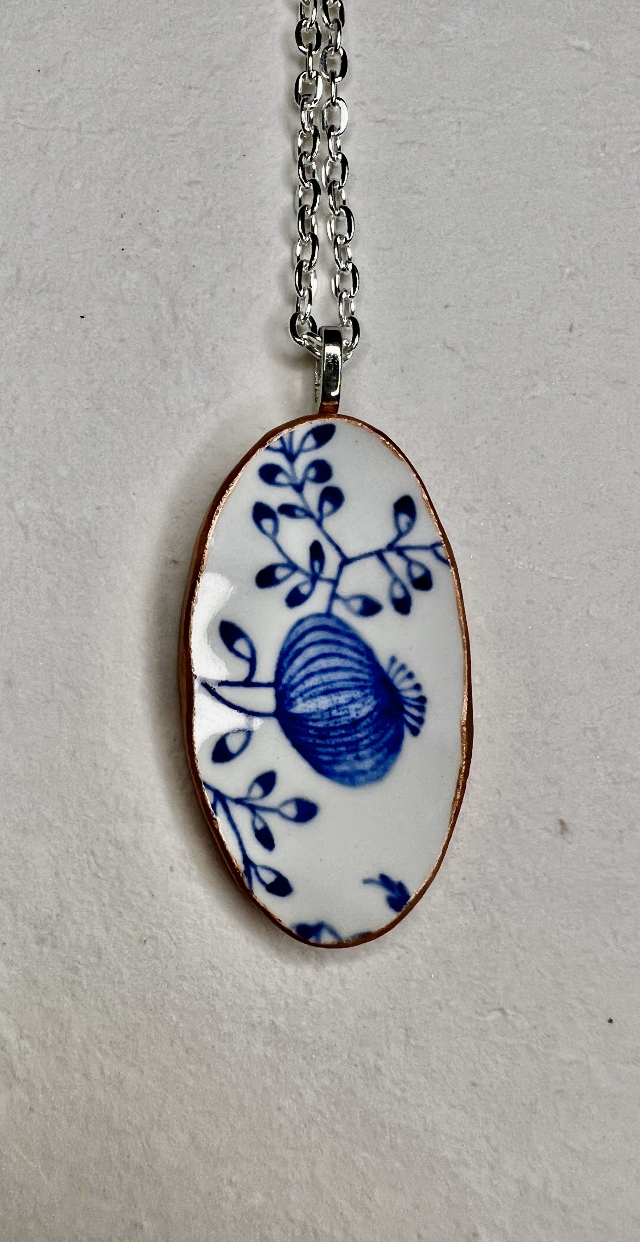 Recycled China Necklace – Oval Vintage Plate Pendant with Holiday Charm