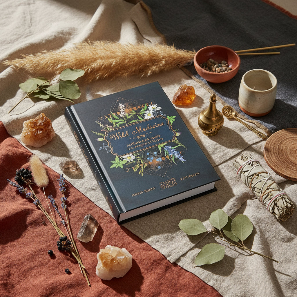 Book titled 'Wild Medicine' with floral design on a wooden surface