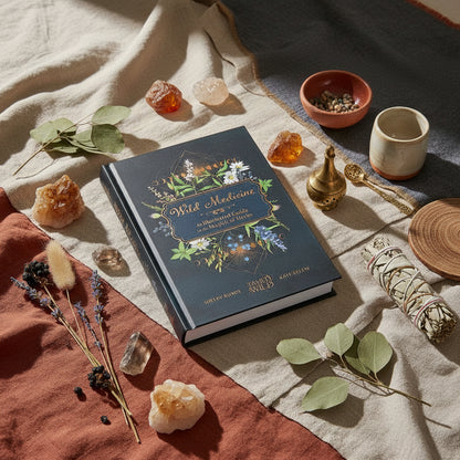 Book titled 'Wild Medicine' with floral design on a wooden surface