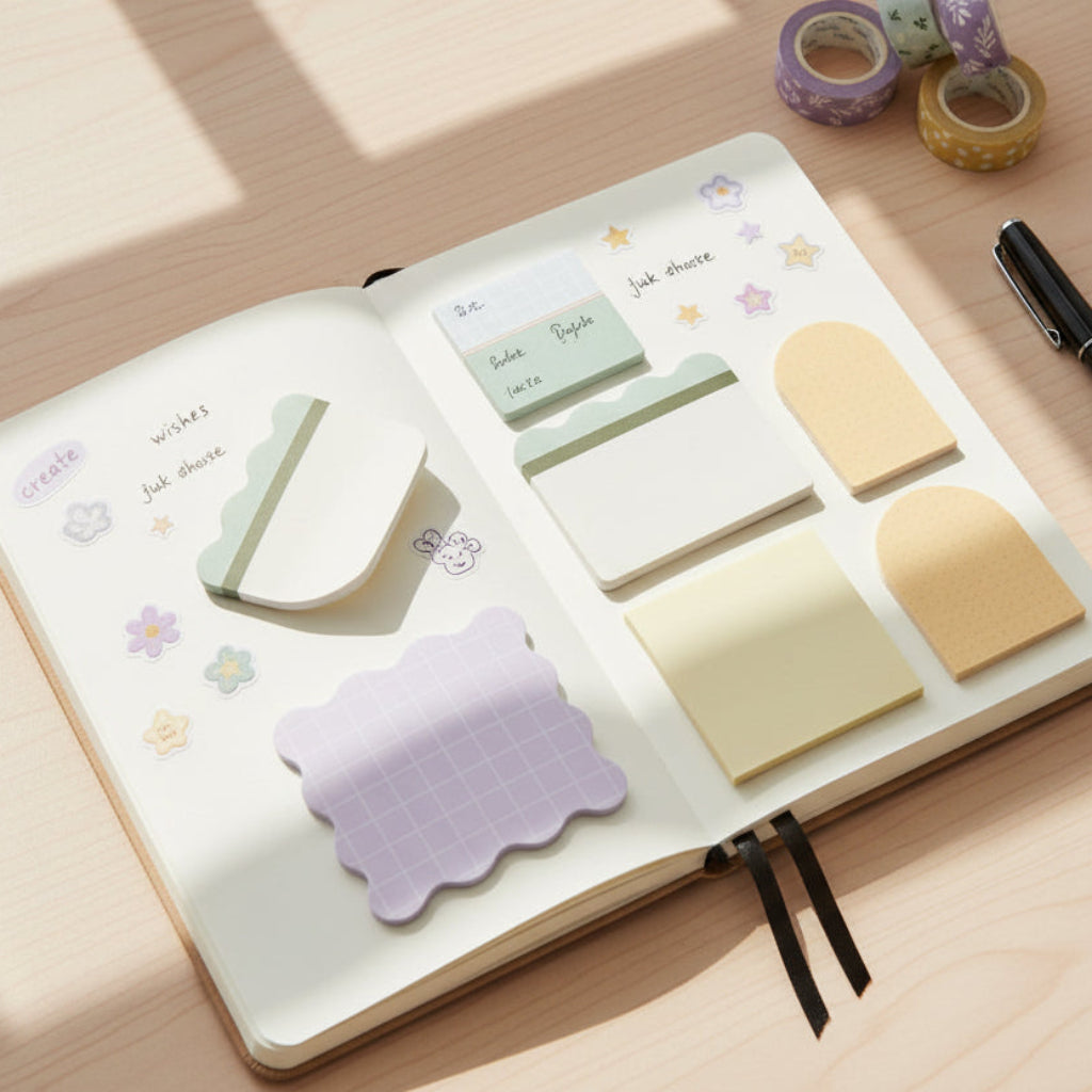 Set of colorful sticky notes on a wooden desktop with stationery accessories
