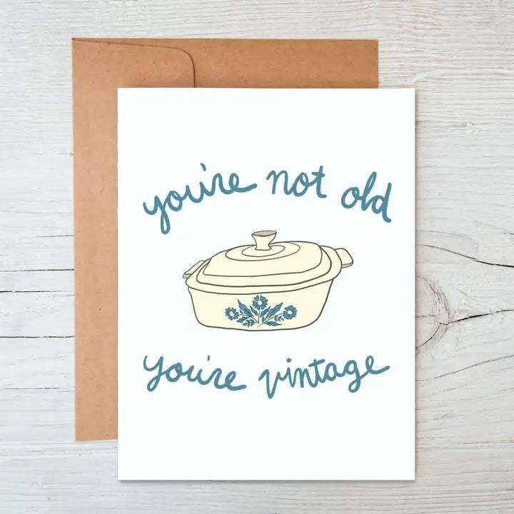 Humorous birthday card featuring iconic Corningware design with retro charm