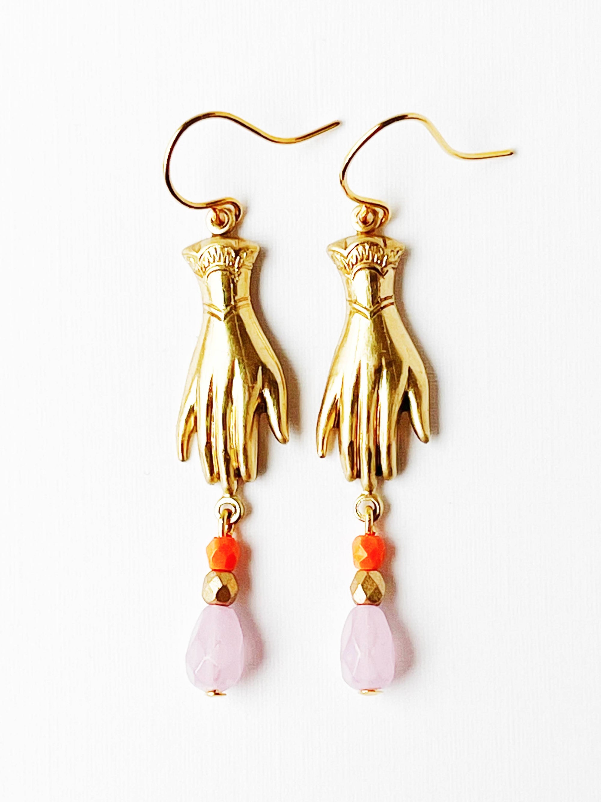 Golden Brass Hand Charm Earrings with Glass Beads