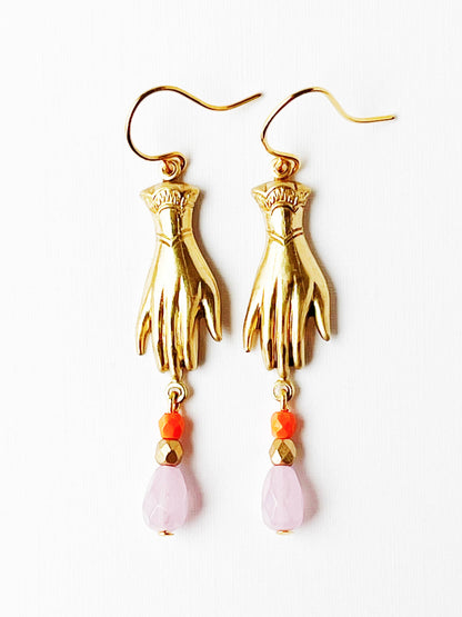 Golden Brass Hand Charm Earrings – Artisan Statement with Czech Glass Beads