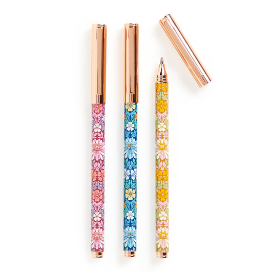 Liberty Moon Flower pen trio with metallic gold caps 