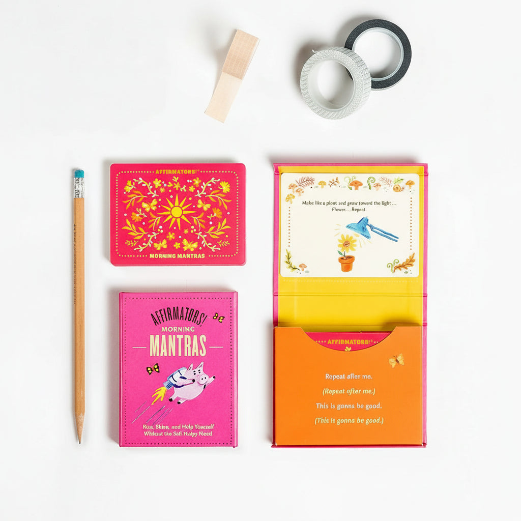 Colorful affirmation cards with a pencil on a white background