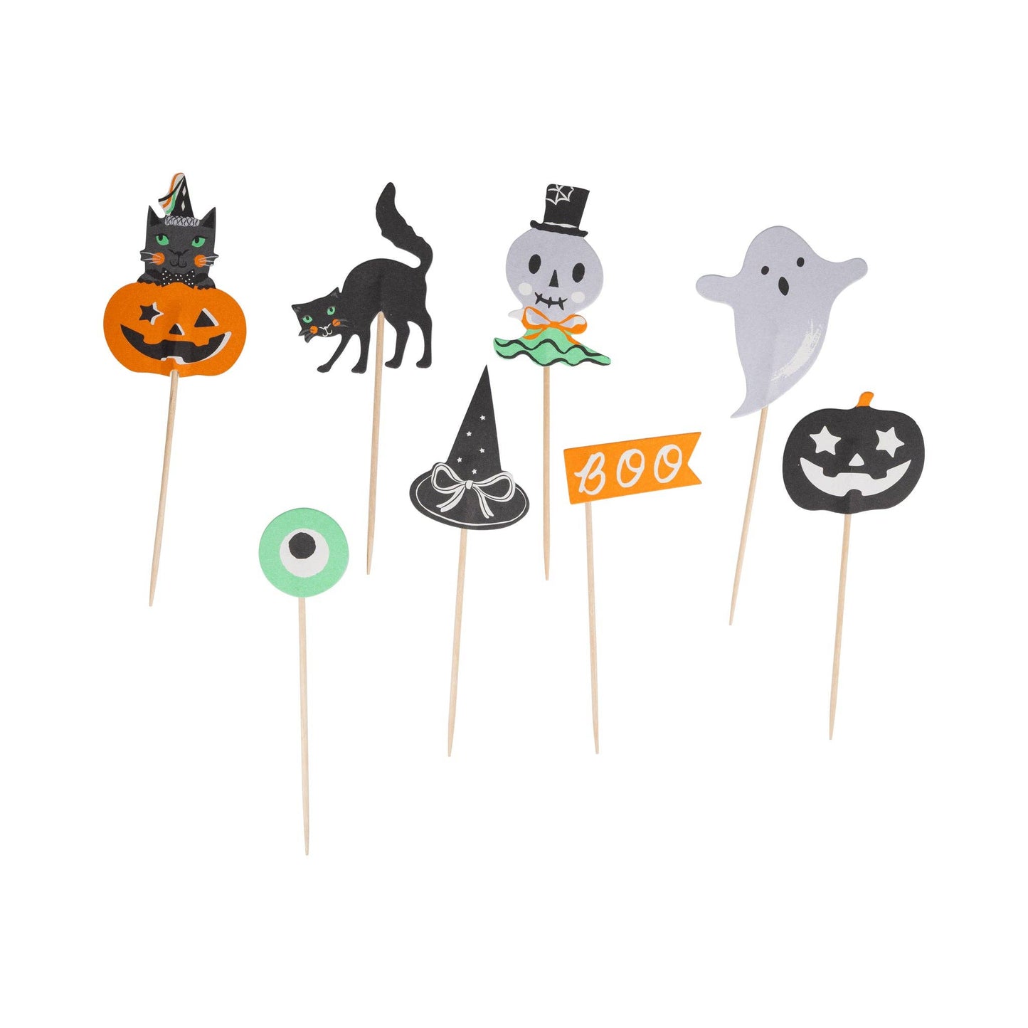 Set of Halloween-themed cupcake toppers on sticks with various spooky designs.