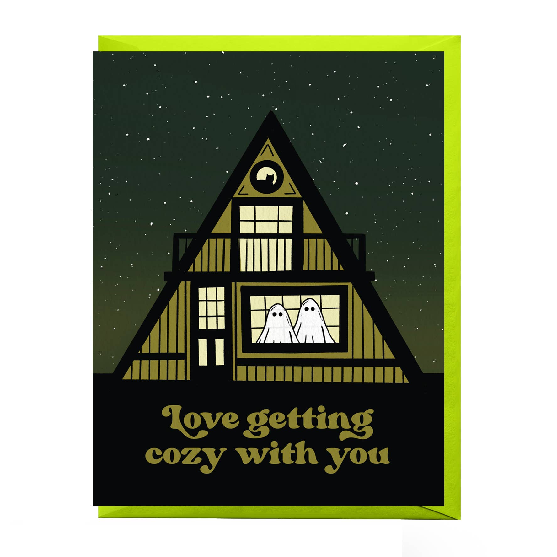 Illustration of a cozy A-frame cabin on the "Cozy Love Greeting Card"