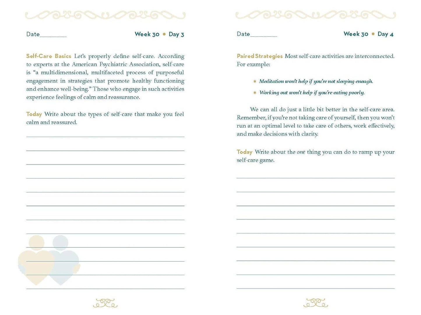 Self-care journal page with text and space for writing on a white background