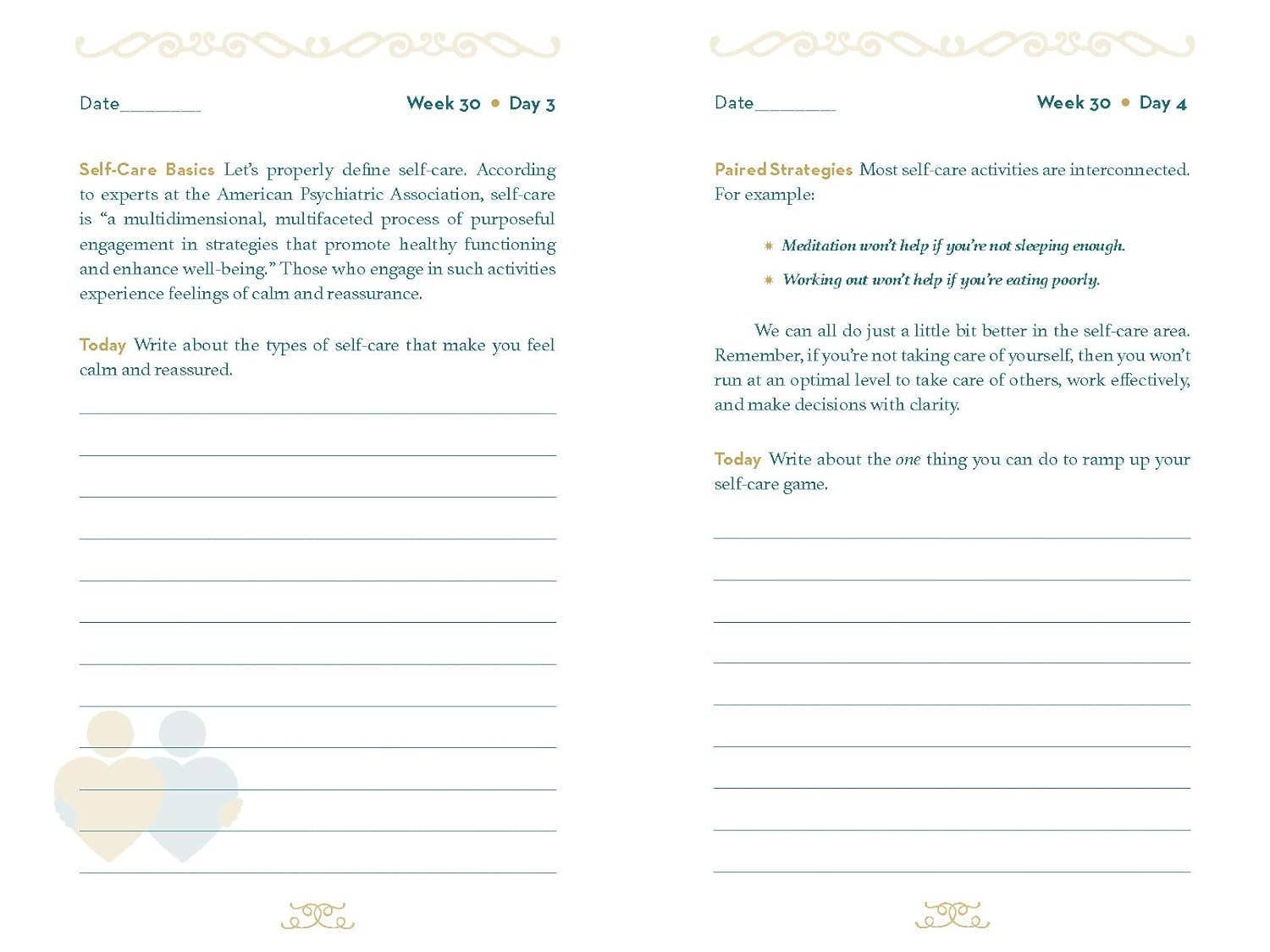 Self-care journal page with text and space for writing on a white background