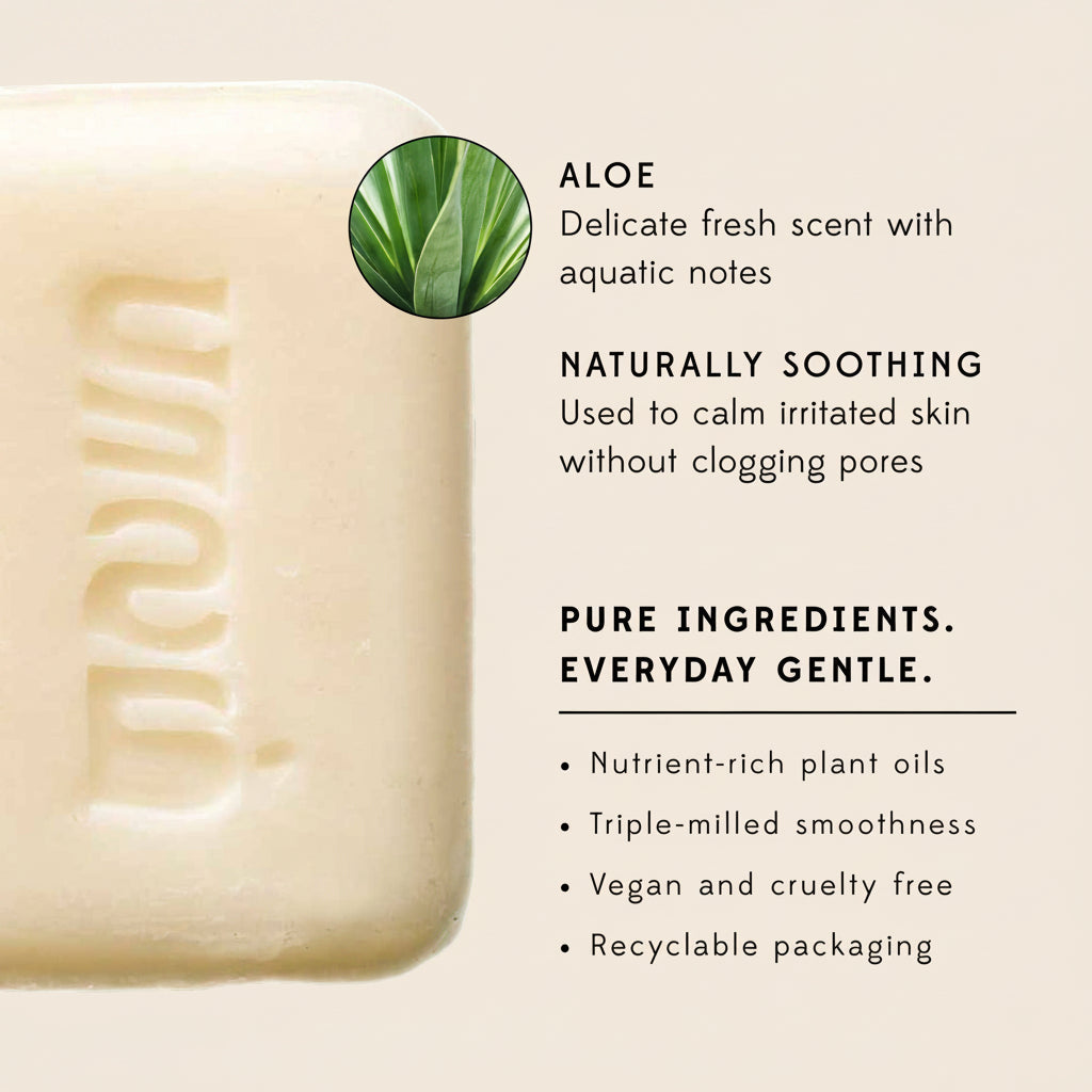 Bar of soap with branding and aloe vera information on a white background