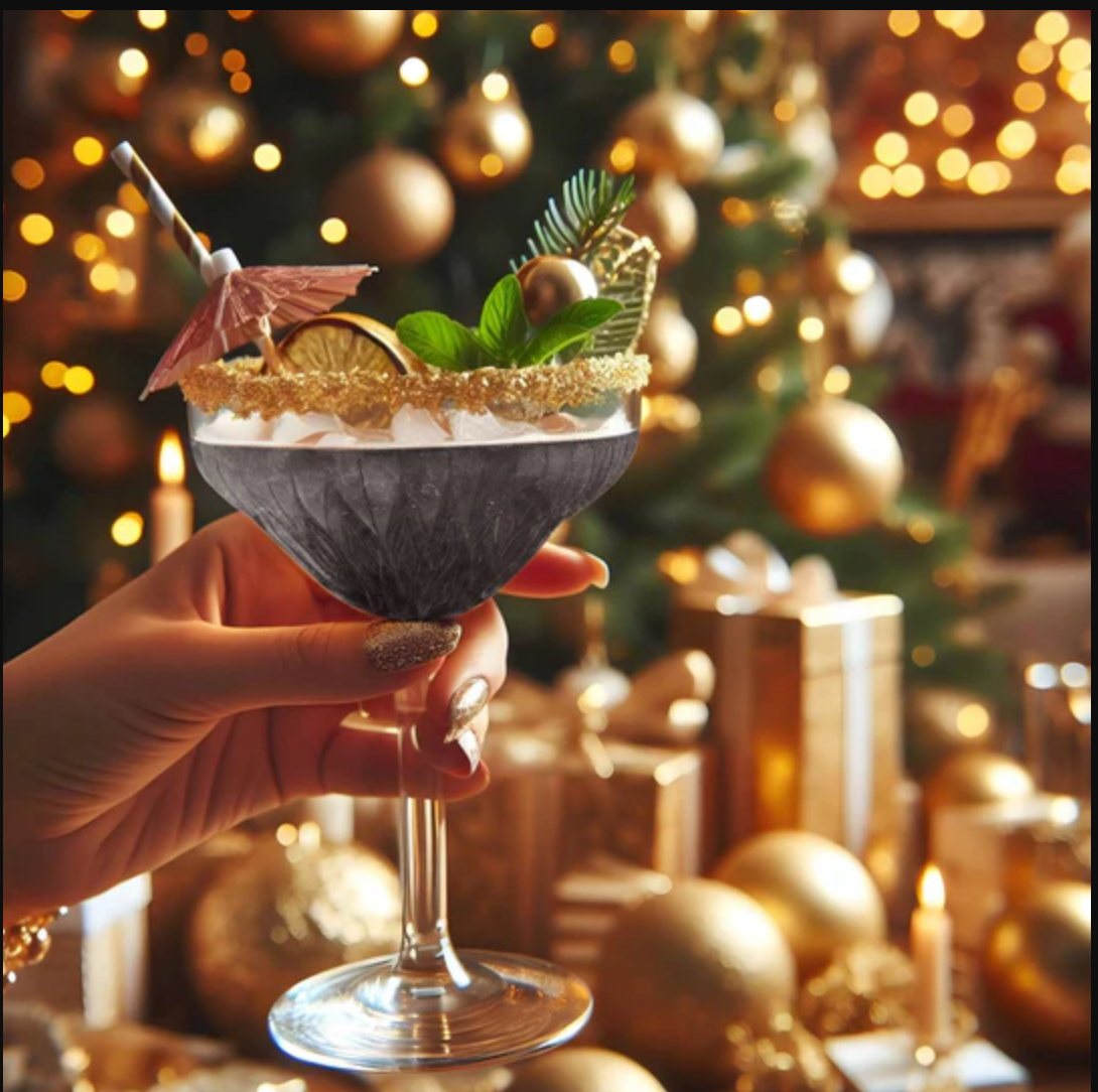 Black Glitter Bomb in a glass of sparkling wine, adding sophistication and sparkle to the drink.
