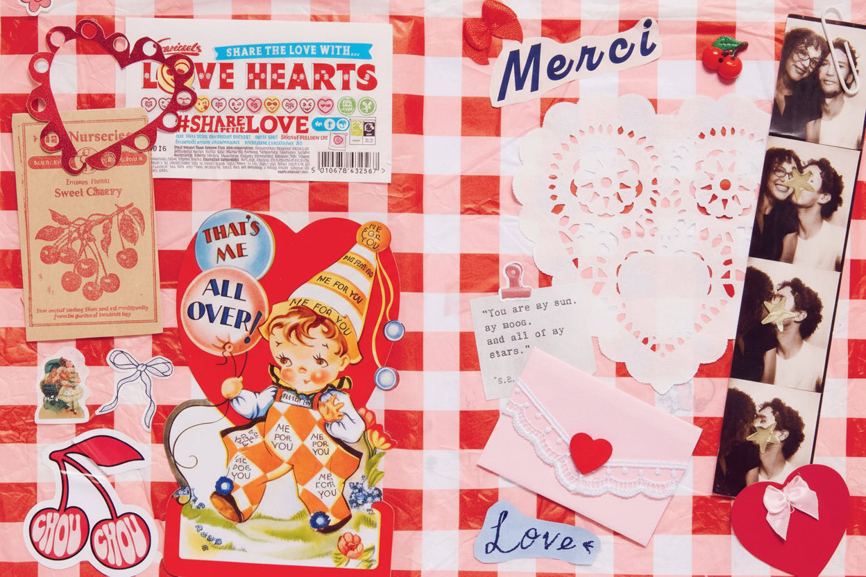 Collection of vintage-style Valentine's Day cards and decorations on a red and white checkered background.
