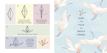 Instructions on how to fold a paper crane with illustrations of cranes.