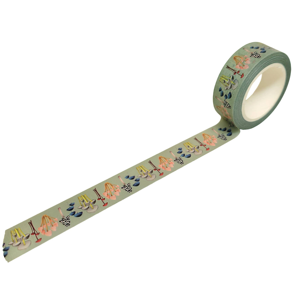 Roll of soft green washi tape with various mushrooms and various colors