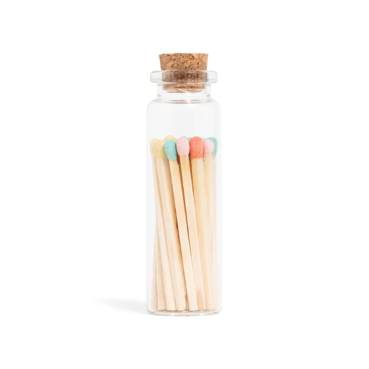 Pastel-colored matchsticks in a corked glass vial with an adhesive match striker at the bottom.