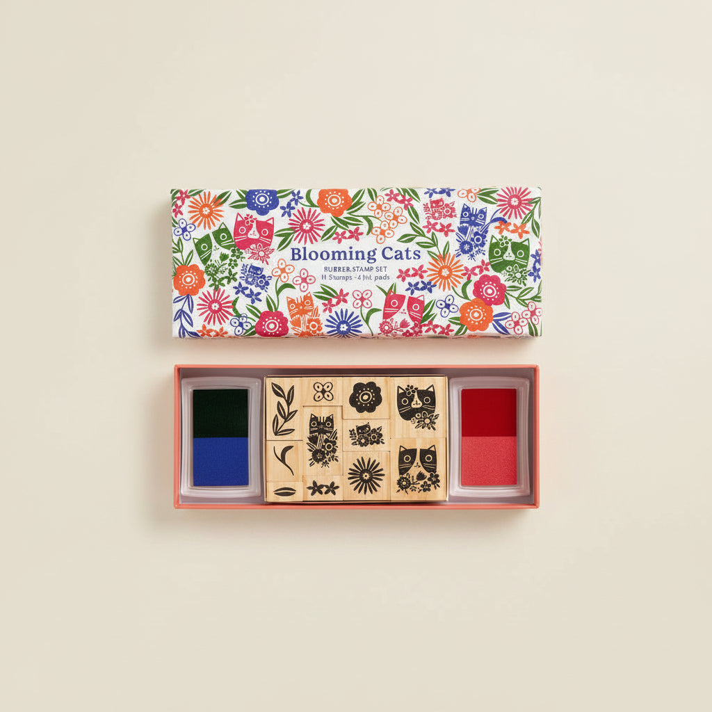 Rubber stamp set with 'Blooming Cats' design on the packaging