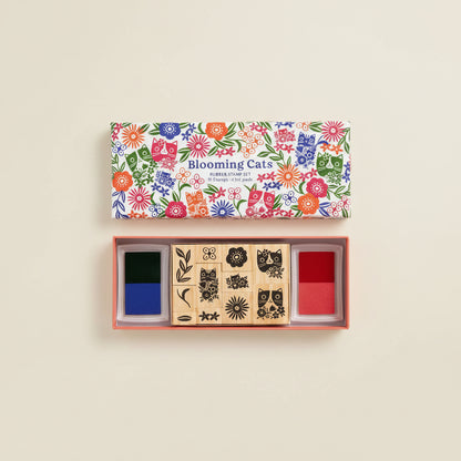 Rubber stamp set with 'Blooming Cats' design on the packaging