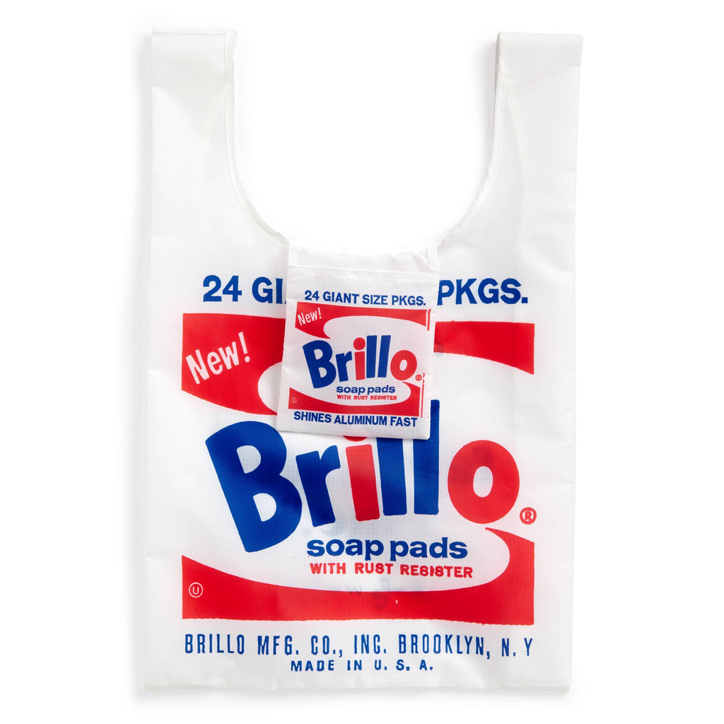 Andy Warhol Brillo tote bag unfolded showing bold pop art print