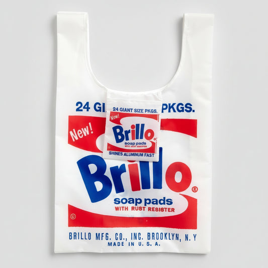 Andy Warhol Brillo tote bag unfolded showing bold pop art print
