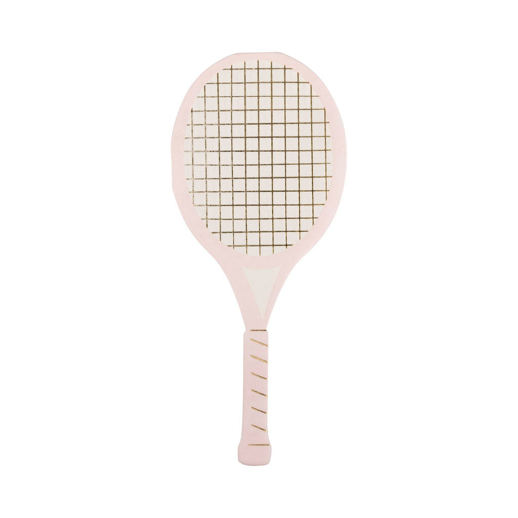 Front of Pink Tennis racket-shaped cocktail napkins with gold foil accents