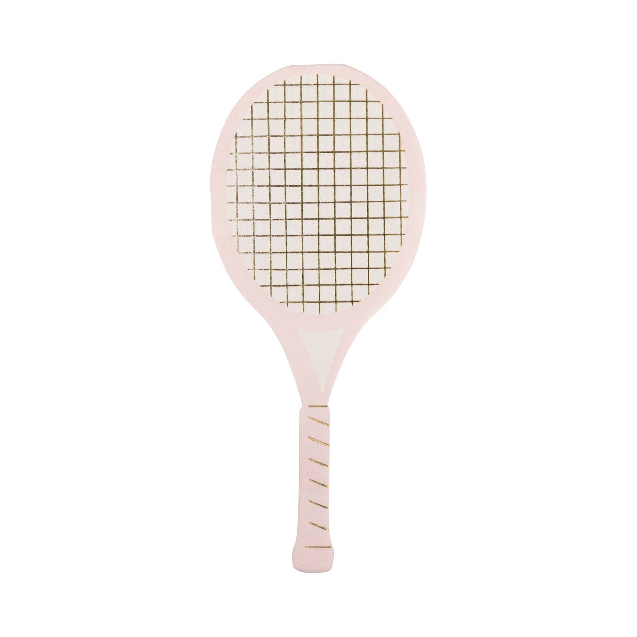 Front of Pink Tennis racket-shaped cocktail napkins with gold foil accents