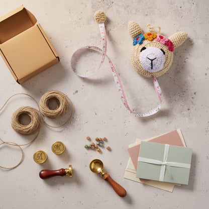 Crocheted Llama tape measurer on a desktop with shipping items and embellishments. 