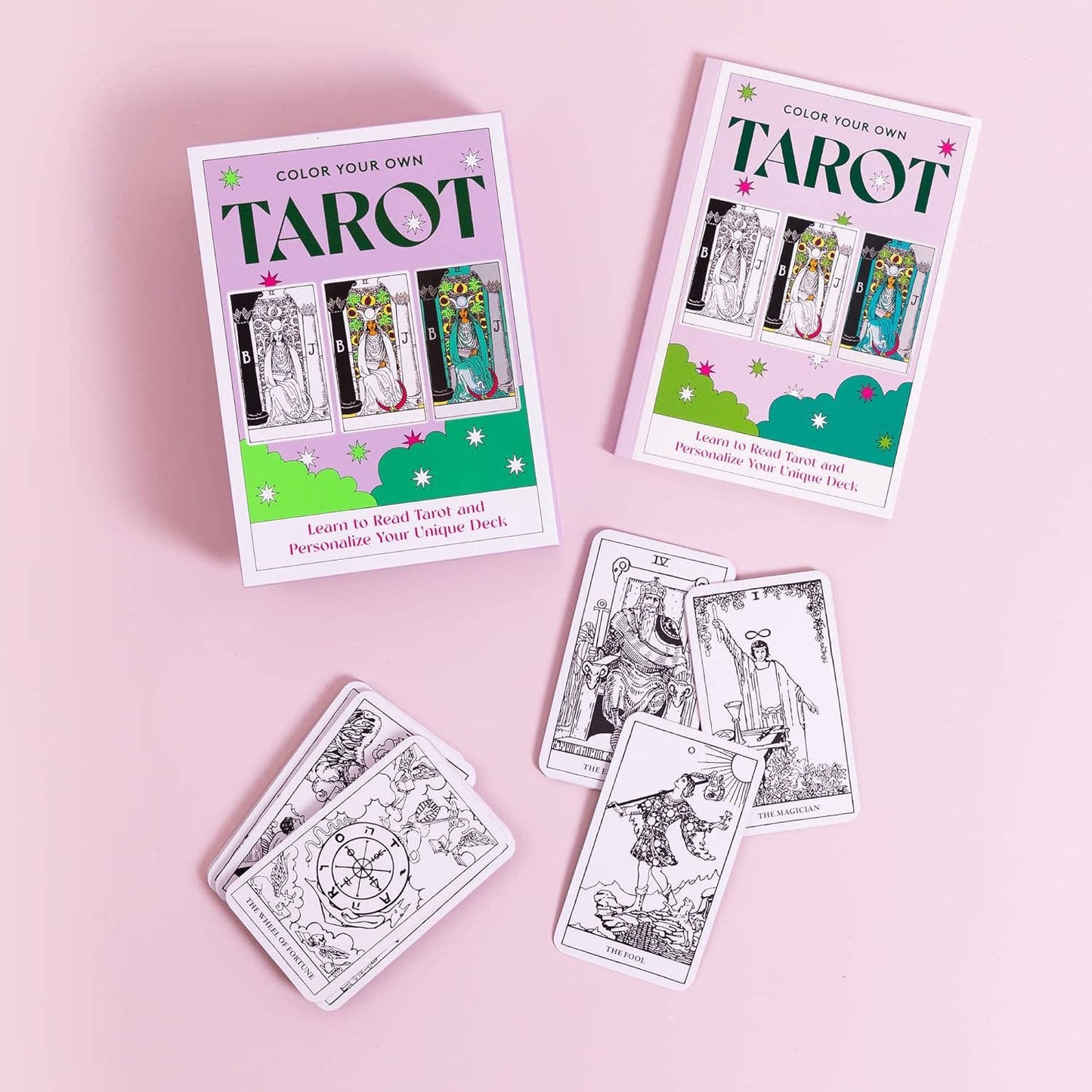 Color your own tarot book with tarot cards on a pink background